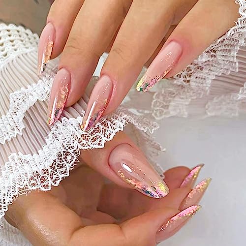 YOSOMK French Tip Medium Press on Nails Almond Fake Nails with Glitter Sequins Designs Luxury Glossy Glue on Acrylic Nails Bling Colorful False Nails for Women