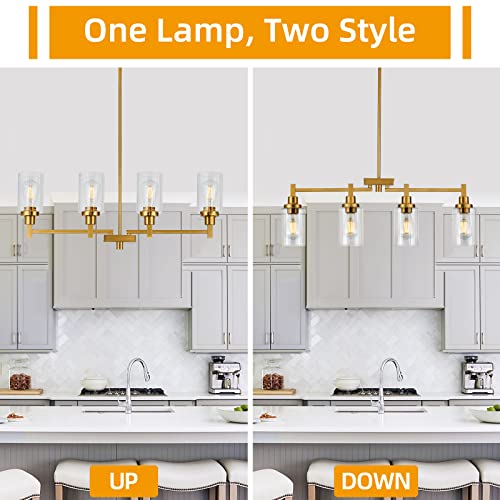 4-Lights Kitchen Island Lighting, Dining Room Chandelier Light Fixtures Over Table, Modern Linear Chandeliers with Fluted Clear Glass Shade Brushed Brass Ceiling Hanging for Living Room Bar Restaurant