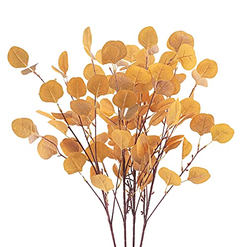 Tepaler 4Pcs Artificial Eucalyptus Leaves Stems 33.8‘’ Eucalyptus Branches Orange Fake Fall Flowers Decor Eucalyptus Plant for Home Fireplace Farmhouse Party Wedding Table Bathroom Autumn Décor