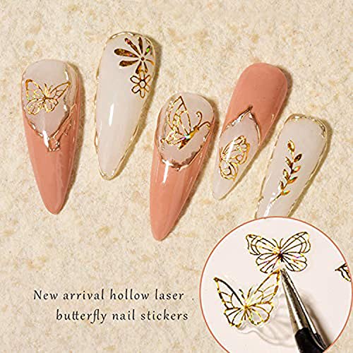 7 Sheets Gold Nail Art Stickers, Butterfly Heart Letters Numbers Stars Eyes Nail Self-Adhesive Sticker Design, 3D Gold Geometry Nail Transfer Decals for Women Girls Manicure Charms Decorations