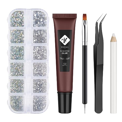 TEOYALL Nail Rhinestones Kit, 3600 PCS Flat Back Glass Crystal Gems, Nail Gel Glue 20g, Nail Brush Picker Tweezer for Nail Art Design Home Salon Uses (AB+Transparent)