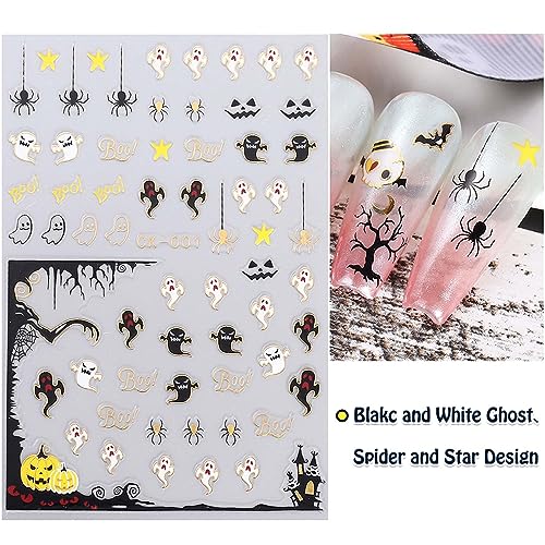 ANDGING Halloween Nail Stickers for Nail Art with 3D Gold Ghost Spider Web Bat Skull Pumpkin Design 7 Sheets Halloween Nail Decals Black Horror Self Adhesive Nail Sticker for Nail Art Decoration