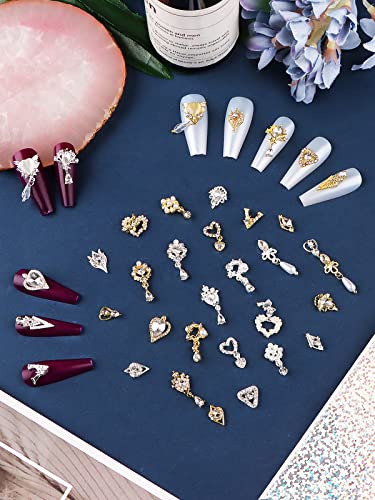 36 Pcs Luxury Nail Art Rhinestone, TOROKOM 3D Dangle Nail Art Charms Gold Silver Heart Pearl Crystal Gems Nail Diamond for Girl Women DIY Nail Design Craft Jewelry Making