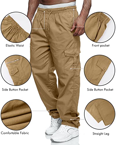 Men's Cargo Pants Relaxed Fit Sport Pants Jogger Sweatpants Drawstring Outdoor Trousers with Pockets Khaki 4XL