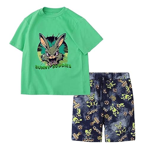 Jobakids Boy Summer Outfits 2 Year Old Toddler Short Sets Little Kids Cotton T-Shirt Green Rabbit Crewneck Top Pocket Jean Shorts 2-Piece Clothes,2T