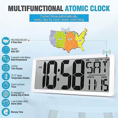 TXL Atomic Clock with Backlight, 14.2" Digital Wall Clock Large Display, Battery Operated Digital Alarm Clock with Day, Date & Temperature, Count Up Down Timer Clock for Home, Office