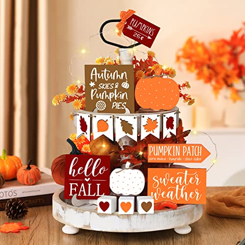 15 Pcs Fall Tiered Tray Decor Set Hello Fall Decor Autumn Wood Signs Thanksgiving Orange Brown Table Signs Wooden Maple Pumpkin Garland Football for Festival (Autumn)