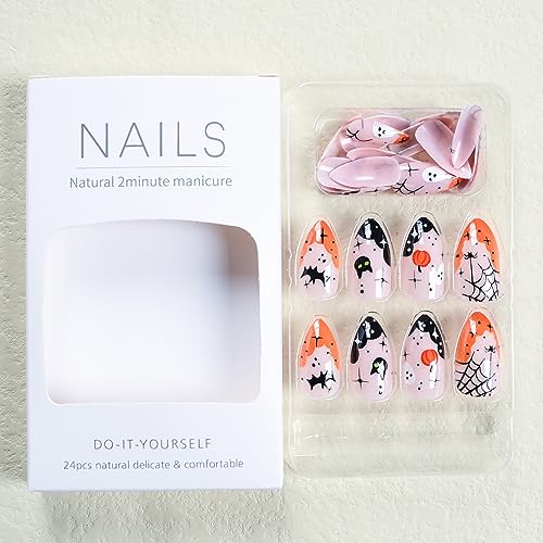 Halloween Nails French Tip Press on Nails Short Almond Fake Nails Nude Pink False Nails with Cute Ghosts and Pumpkins Pattern Designs Full Cover Glossy Acrylic Nails for Women 24 Pcs