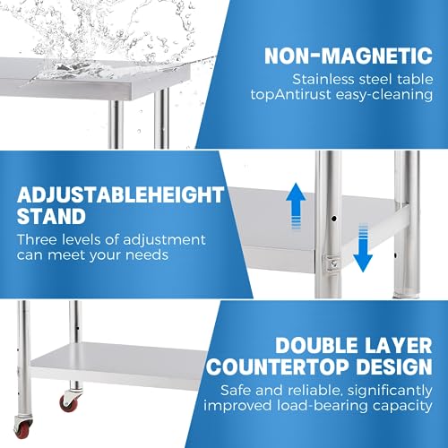 KUARBARR 2023 New Stainless Steel Table for Prep & Work with 4 Caster Wheels with Undershelf 24 x 36 NSF Metal Commercial Kitchen Adjustable Undershelf Worktable for Restaurant Home Outdoor