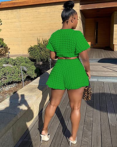 Short Sets Women 2 Piece Outfits Cute Summer Two Piece Outfits Dressy Short Sleeve Top Crew Neck Shirt And Shorts Lounge Sets Romper Green XL