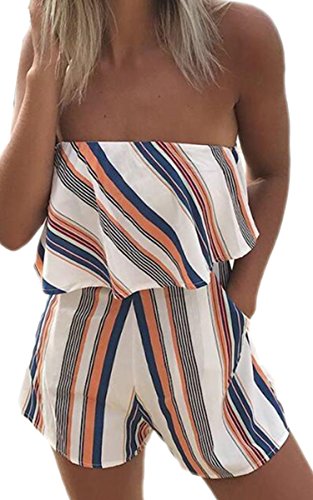 ECOWISH Women Off Shoulder Romper Strapless Floral Print Striped Beach Shorts Jumpsuit Orange