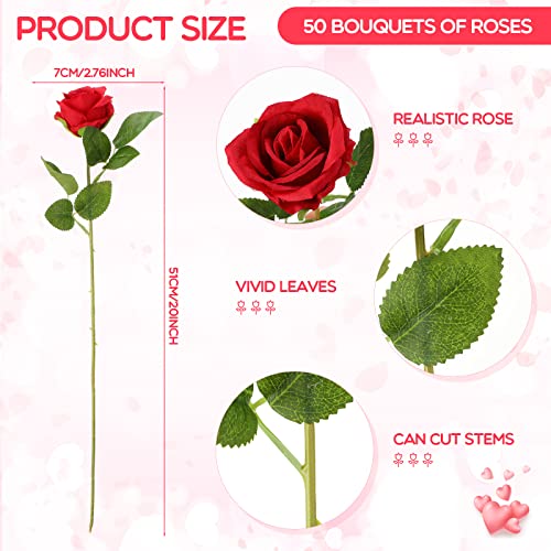 50 Pcs Artificial Rose Flower Realistic Silk Roses with Stem Bouquet of Flowers Plastic Flowers Real Looking Fake Roses for Home Wedding Centerpieces Party Decorations (Red)