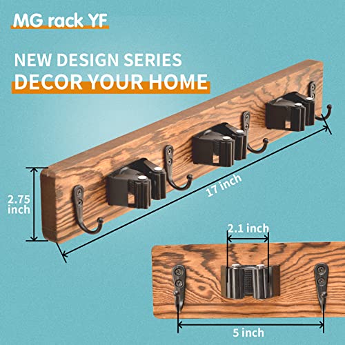 MG rack YF Mop and Broom Holder Wall Mount, Rustic Solid Wood Holder Garden and Kitchen Garage Tool Organizer Wall Hanger for Home Goods (3 Positions with 4 Hooks)