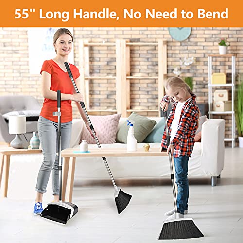 Dust Pan and Broom with Long Handle, Heavy Duty for Home Kitchen Office Indoor Outdoor Sweeping 55 Inch Broom for Floor Cleaning Standing Dustpan with Teeth