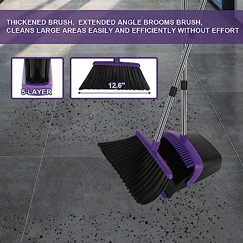 Extra-Large Upright Broom and Dustpan Set, 55-inch Long Handle Self Cleaning Pueple Broom and Dustpan Set for Home Kitchen Office Floor