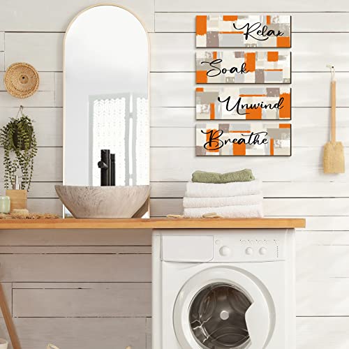 Tradder 4 Pcs Bathroom Wall Art Farmhouse Wall Decor Rustic Bathroom Pictures for Wall Wooden Relax Signs for Bathroom Relax Soak Unwind Breathe Laundry Room Home Decorations Country(Abstract)