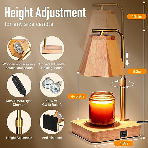 GUVOP Dimmable Candle Warmer Lamp Adjustable Height, Candle Warmer with Timer & USB Charging Ports, A Gift for Women, Wax Warmer Candle for Home Decor