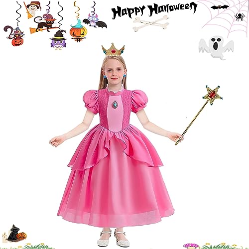 Magwei Princess Peach Costume Dress for Girls Kids Super Bros Cosplay with Accessories Halloween Party Dress Up Outfit 3-12Y (120(5-6 Years))