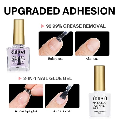 AILLSA Gel Nail Kit Short Almond Nail Tips 240pcs with 2 In 1 Nail Glue Base Coat and Nail Dehyrator, Soft Gel Full Nail Kit with Nail Lamp Top Coat for Starters Home Salon