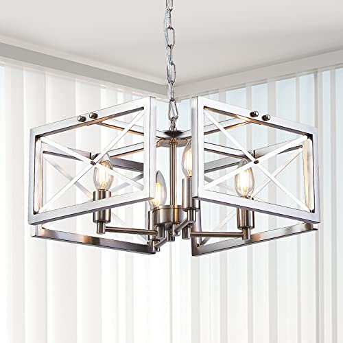 Doltoro Brushed Nickel Farmhouse Chandelier 4-Light Modern Chandelier for Dining Room Lighting Fixtures Hanging, Iron Square Frame Chandeliers for Hallway Kitchen Foyer Living Room Bedroom