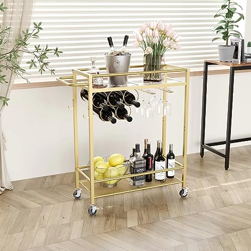 Bar Cart, 2-Tier Kitchen Cart with Wine Rack and Glass Holder, Gold Serving Cart with Wine Rack and Glass Holder, Rolling Serving Cart for Kitchen, Dining Room, Club, Bar, Living Room, Party, Gold