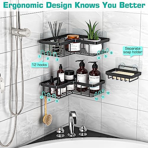 YASONIC Corner Adhesive Shower Caddy, with Soap Holder and 12 Hooks, Rustproof Stainless Steel Bathroom Organizer, No Drilling Wall Mounted Rack, Black, 3-Pack