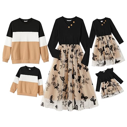 PATPAT Family Matching Outfits Mommy and Me Floral Dress Matching Long Sleeve Brown Colorblock Sweatshirt Sets Sheer Butterfly Embroidery Women L