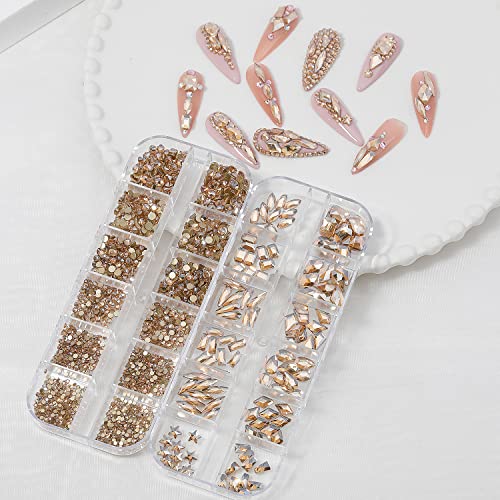 2920Pcs Champagne Gold Crystal Nail Rhinestones Round Flatback Rhinestones Multi Shape Nail Gemstones Gold Nail Glass Crystals Diamonds Jewelry for Nail Design Nail Rhinestones for Acrylic Nails kit