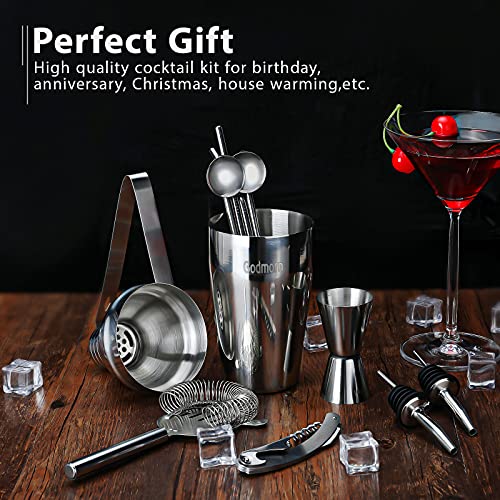 Cocktail Shaker Set Bartender Kit, Godmorn 15Pcs Bartender Shaker Set, 304 Stainless Steel Martini Shaker and Strainer, 550ml /19OZ Bar Tool Set with Bamboo Stand, Recipe Book, for Home and Bar