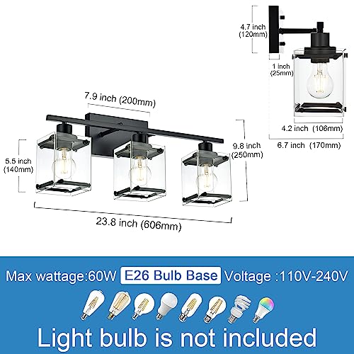 TULUCE 3-Light Bathroom Wall Light Fixtures,Black Bathroom Vanity Light with Clear Glass Shade Modern Wall Sconce for Bathroom Hallway Living Room