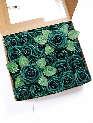 Jdsour 50pcs Artificial Flower，Real Touch Fake Roses w/Stem DIY for Wedding Bridal Bouquet Centerpieces Party Baby Shower Home Decorations (50pcs- Green boxpack)