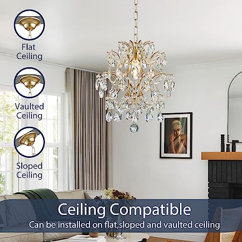 Bestier Gold Modern Pendant Chandelier Crystal Raindrop Lighting Ceiling Light Fixture Lamp for Dining Room Bathroom Bedroom Livingroom entryway 1 E26 Bulbs Required D13 in x H16 in