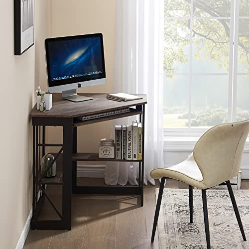 VECELO Corner Computer Desk 41 x 30 inches with Smooth Keyboard & Storage Shelves for Home Office Workstation, Rustic Natural Brown