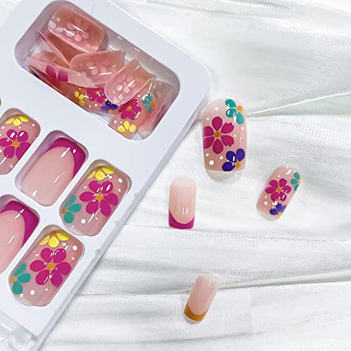 24 Pcs Summer Press on Nails Medium Square Fake Nails Colored Flowers Design Glossy Acrylic Nails French Tip False Nails with White Dots Stick on Nails Artificial Nails for Women and Girls DIY