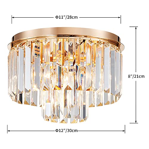 AGV LIGHTING CL006G Crystal Ceiling Light Fixture, Modern Semi Flush Ceiling Light, D12 x H8, E12 Base 3-Lights, Gold Finish