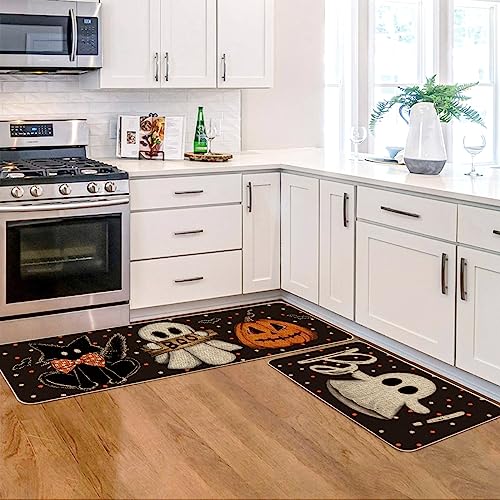 Artoid Mode Bats Black Cats Boo Pumpkin Halloween Kitchen Mats Set of 2, Home Decor Low-Profile Kitchen Rugs for Floor - 17x29 and 17x47 Inch