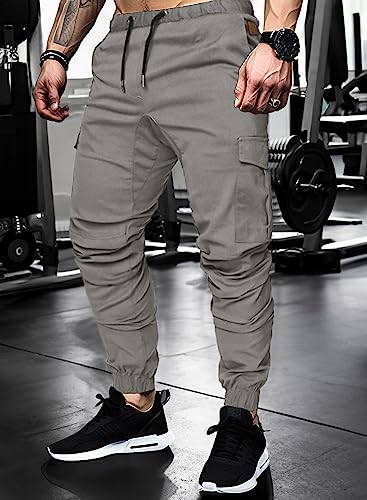 JMIERR Men's Fashion Cargo Pants - Casual Cotton Tapered Stretch Twill Chino Athletic Joggers Sweatpants Drawstring Workout Trousers with Pockets for Men Slim Fit, US 32(S), A Grey 2