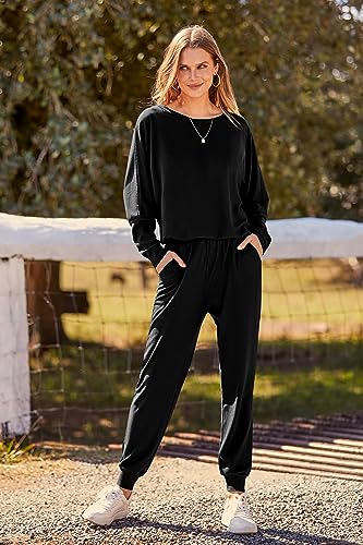 PRETTYGARDEN Women's 2023 Fall Fashion Outfits 2 Piece Sweatsuit Solid Color Long Sleeve Pullover Long Pants (Black,X-Large)