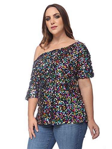 Anna-Kaci Women's Plus Size Sequin Sexy One Shoulder Short Sleeve Party Club Top, Multicolored, XX-Large