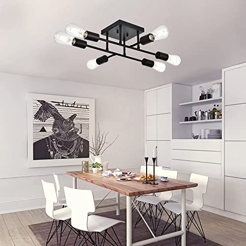 TULUCE 6 Lights Semi Flush Mount Ceiling Light Fixture,Modern Sputnik Chandelier Ceiling Lamp,Matte Black Semi Flush Mount Close to Ceiling Light for Kitchen Study Dining Room Living Room Hallway