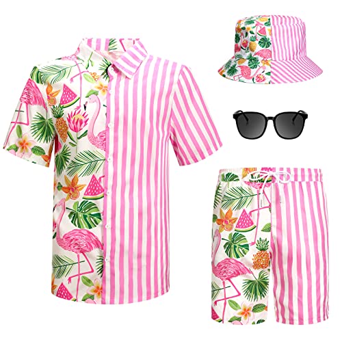 4Pcs Men's Hawaiian Shirt and Short Set Casual Button Down Summer Beach Flower Outfits with Bucket Hats and Sunglasses (Flamingo, M Size)