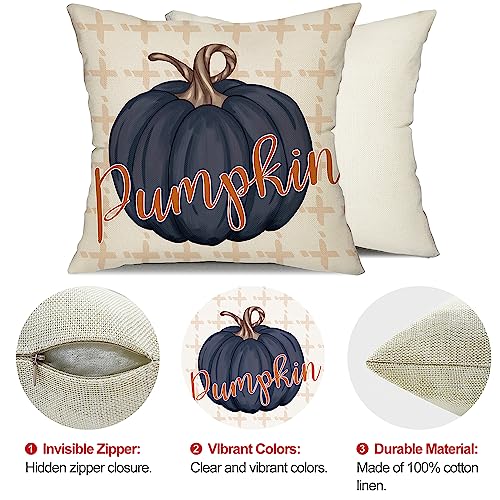 DFXSZ Fall Pillow Covers 18x18 inch Set of 4 Buffalo Plaid Fall Blue Pumpkin Throw Pillow Cover Autumn Thanksgiving Decoration for Home Couch Bed