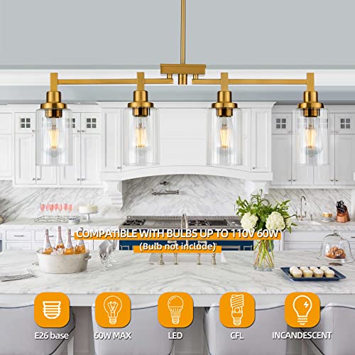 4-Lights Kitchen Island Lighting, Dining Room Chandelier Light Fixtures Over Table, Modern Linear Chandeliers with Fluted Clear Glass Shade Brushed Brass Ceiling Hanging for Living Room Bar Restaurant