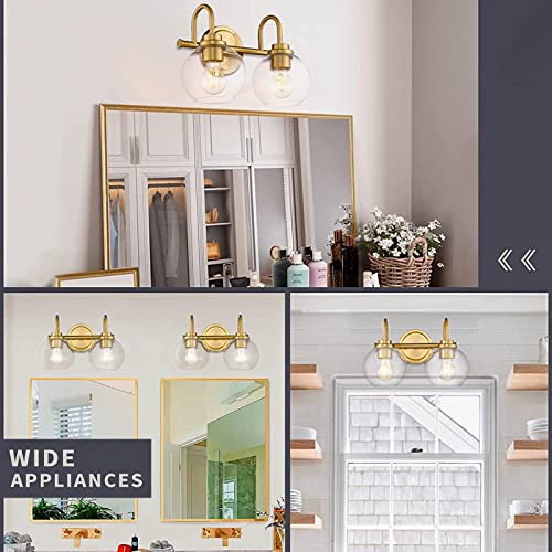 OUVR Gold Bathroom Light Fixtures 2 Light Vanity Lights Over Mirror with Clear Glass Lamps Shades Bathroom Lighting for Mirror Kitchen Bedroom Hallway Living Room (Without Bulbs)