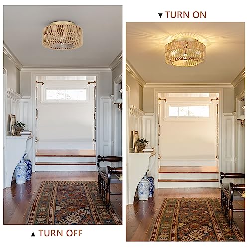 PAUFUL Boho Light Fixtures Ceiling Mount, 3-Light Farmhouse Rattan Ceiling Light Fixture, Flush Mount Ceiling Light with Hand-Woven Shade, Modern Chandelier for Living Bedroom Entryway Kitchen Nursery