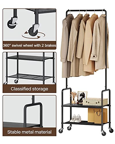 Labonida Rolling Clothing Rack - Space-Saving Clothes Rack on Wheels - Portable Hanging Storage Organizer with 2 Shelves - Sturdy Metal Garment Rack for Home & Business (Black, Industrial Style)