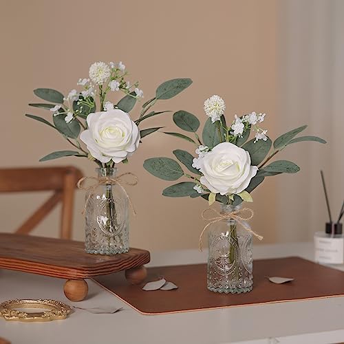 YXZZWL Faux Flowers with Bud Vase,Mini Artificial Silk Roses and Fake Eucalyptus in Glass Vase for Wedding Party Dining Table Centerpiece Decorations Office Farmhouse Home Decor (White)