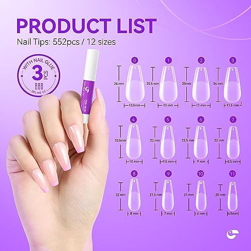 552Pcs Medium Coffin Nail Tips With 3Pcs Nail Glue - Gelike EC Soft Gel X Nail Tip Full Cover Half Matte For Nail Starter Nail Kit With Stronger Nail Glue, Nails Extension Nail Art DIY Gift 12 Sizes