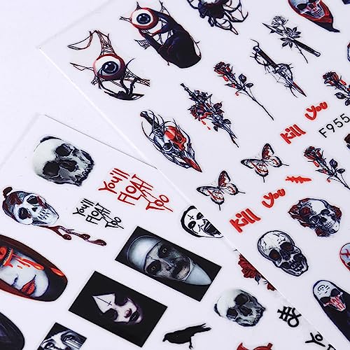 8 Sheets Halloween Nails Art Stickers Decals,Horror Skull Zombie Blood Rose Ghost Eyes Nail Sticker,Day of The Dead Nails Decals,3D Self-Adhesive Design for Women Manicure Decorations Supplies