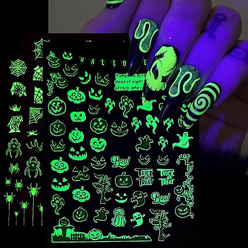 6 Sheets Halloween Nail Art Stickers Glow in Dark Nail Decals Skull Head, Bat, Spider Web, Cat, Alien Design Nail Stickers Luminous 3D Self Adhesive Decals Halloween Nail Decorations for Women Kids